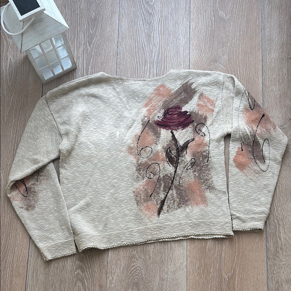 Vintage Victoria Sweater One Size Made in USA Floral Painted Cotton Pullover 90s - Picture 4 of 9